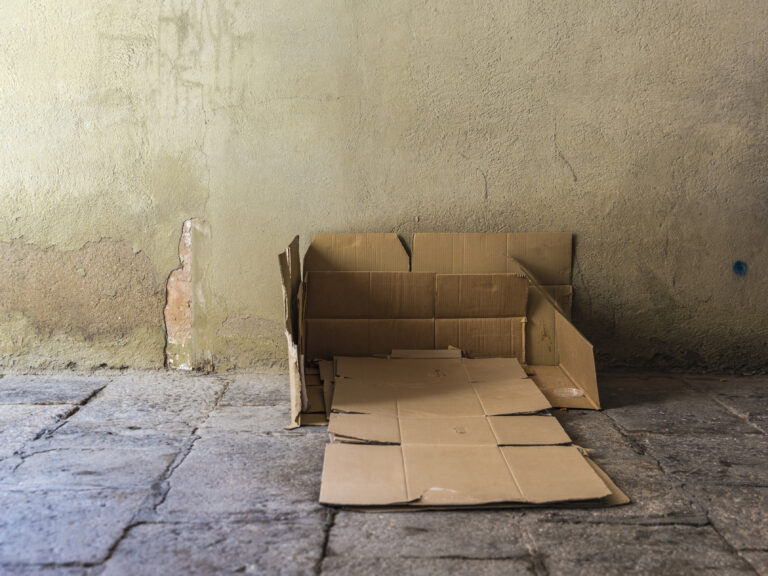 Bed made of cartons on the street