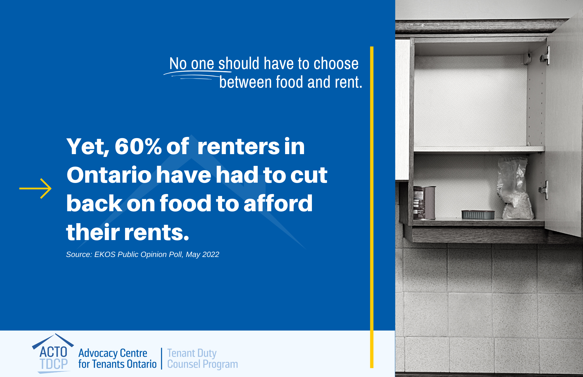Picture of empty cupboard with minimal food. White text on blue background reads "No one should have to choose between food and rent. Yet, 60% of renters in Ontario have to cut back on food to afford their rents. Source: EKOS public opinion poll, May 2022." Logo reads: "Advocacy Centre for Tenants Ontario."